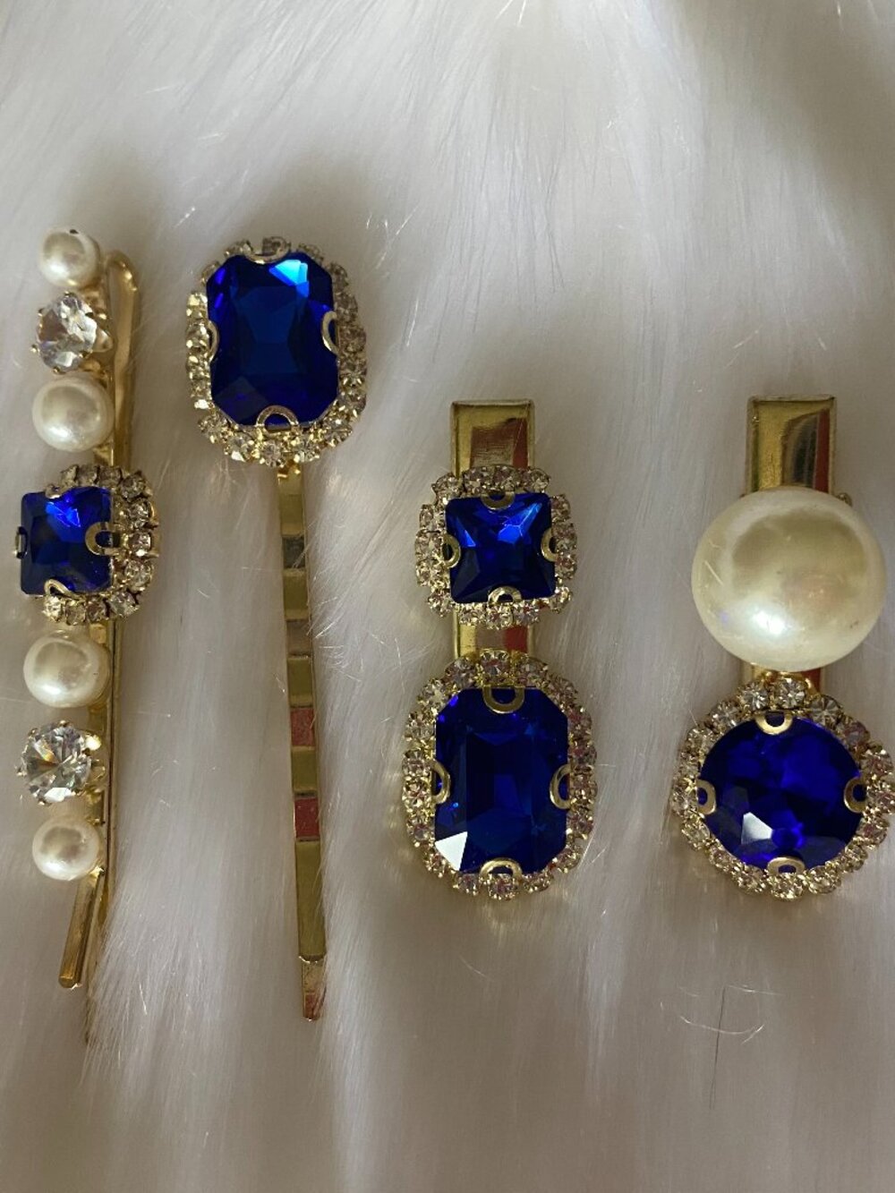 Set of 4 Hair Pins With Blue Rhinestones & Faux Pearls